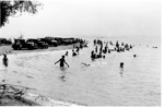 Swimmers and cars at Burlington Beach, 1930