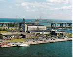 Canada Centre for Inland Waters (CCIW), with the Skyway Bridge in background, ca 1990