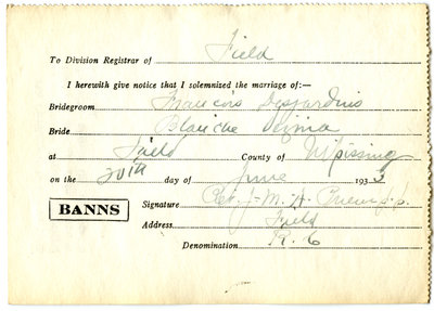 Certificat de mariage de / Marriage certificate of François Desjardins & Blanche Vézina