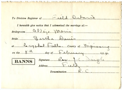 Certificat de mariage de / Marriage certificate of Aldège Morin & Bertha Danis