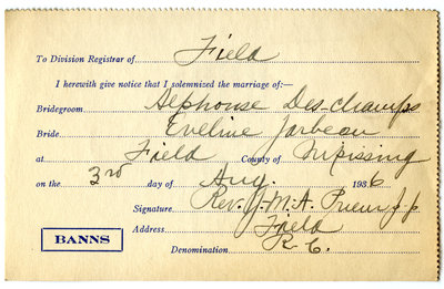 Certificat de mariage de / Marriage certificate of Alphonse Deschamps & Eveline Jarbeau