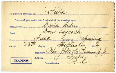 Certificat de mariage de / Marriage certificate of David Aubin & Doris Laycock