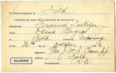 Certificat de mariage de / Marriage certificate of Fernand Taillefer & Odina Bigras