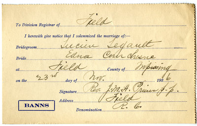 Certificat de mariage de / Marriage certificate of Lucien Legault & Edna Courchesne
