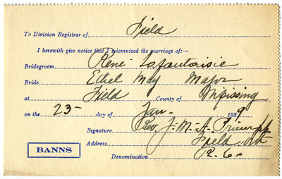 Certificat de mariage de / Marriage certificate of René Lafantaisie & Ethel May Major