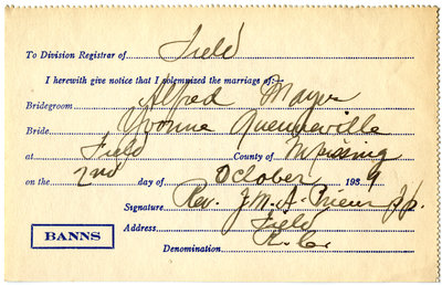 Certificat de mariage de / Marriage certificate of Alfred Mayer & Yvonne Quenneville