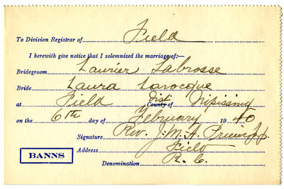 Certificat de mariage de / Marriage certificate of Laurier Labrosse & Laura Larocque