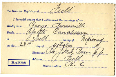 Certificat de mariage de / Marriage certificate of George Quenneville & Yvette Courchesne