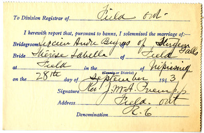Certificat de mariage de / Marriage certificate of Lucien André Bigras & Thérèse Labelle