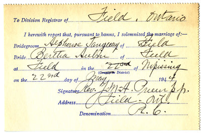 Certificat de mariage de / Marriage certificate of Alphonse Tanguay & Bertha Aubin