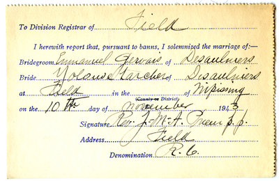 Certificat de mariage de / Marriage certificate of Emmanuel Gervais & Yolande Larcher