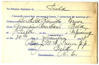 Certificat de mariage de / Marriage certificate of Berthold Rainville & Germaine Rémillard