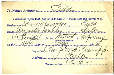 Certificat de mariage de / Marriage certificate of Edouard Larocque & Galvelle Jarbeau