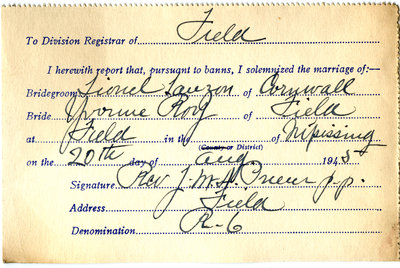 Certificat de mariage de / Marriage certificate of Lionel Lauzon & Yvonne Roy
