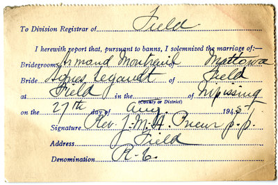 Certificat de mariage de / Marriage certificate of Armand Montreuil & Agnes Legault