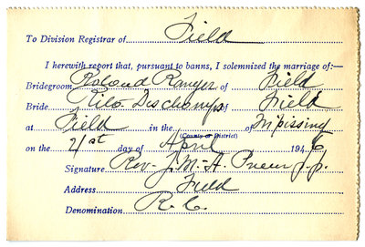Certificat de mariage de / Marriage certificate of Roland Ranger & Rita Deschamps