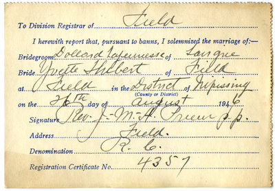 Certificat de mariage de / Marriage certificate of Dollard Lajeunesse & Yvette Thibert