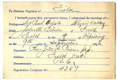Certificat de mariage de / Marriage certificate of Léo Paul Bélisle & Juliette Filion