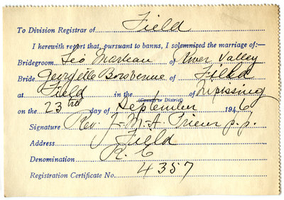 Certificat de mariage de / Marriage certificate of Léo Marleau & Georgette Boisvenue