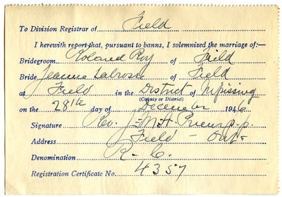 Certificat de mariage de / Marriage certificate of Roland Roy & Jeanne Labrosse