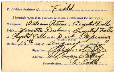 Certificat de mariage de / Marriage certificate of William Peterson & Yvette Dubuc