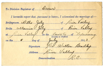 Certificat de mariage de / Marriage certificate of Willie Joly & Allanine Joly