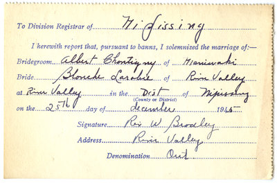 Certificat de mariage de / Marriage certificate of Albert Chantigny & Blanche Larabie
