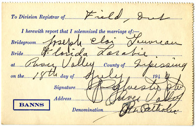 Certificat de mariage de / Marriage certificate of Joseph Eloi Gauvreau & Florida Larabie