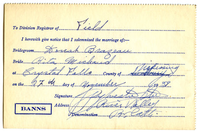 Certificat de mariage de / Marriage certificate of Donat Brazeau & Rita Michaud