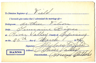 Certificat de mariage de / Marriage certificate of Arthur Filion & Germaine Bigras