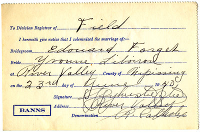 Certificat de mariage de / Marriage certificate of Édouard Forget & Yvonne Liboiron