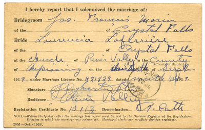 Certificat de mariage de / Marriage certificate of Jos. François Morin & Laurencia Laferrière