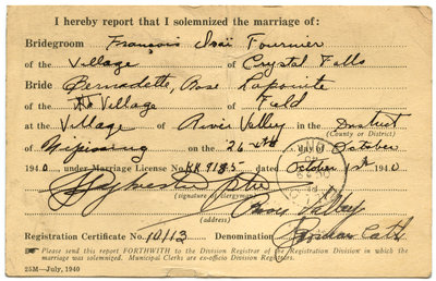 Certificat de mariage de / Marriage certificate of François Isaï Fournier & Bernadette Rose Lapointe