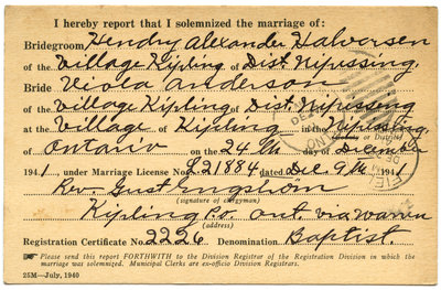 Certificat de mariage de / Marriage certificate of Hendry Alexander Halversen & Viola Anderson