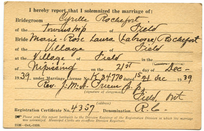 Certificat de mariage de / Marriage certificate of Cyrille Rochefort & Marie-Rose Laura Labrosse