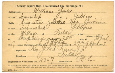 Certificat de mariage de / Marriage certificate of William Goulet & Augustine Guérin