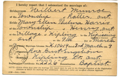 Certificat de mariage de / Marriage certificate of Wilbert Munroe & Mary Ellen Thelma Harris