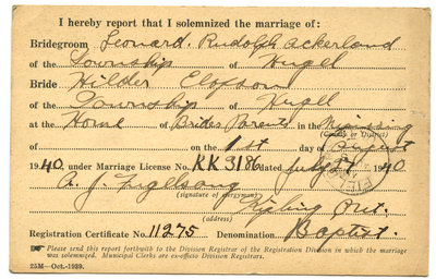 Certificat de mariage de / Marriage certificate of Leonard Rudolph Ackerland & Hilder Elofson