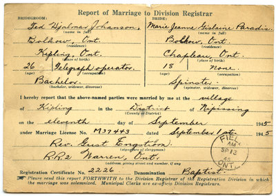 Certificat de mariage de / Marriage certificate of Ted Hjalmas Johanson & Marie Jeanne Gislaine Paradis
