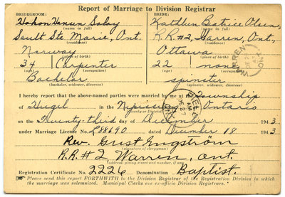 Certificat de mariage de / Marriage certificate of Hakon Hanun Salay & Kathleen Beatrice Olsen