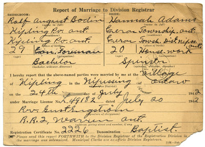 Certificat de mariage de / Marriage certificate of Ralf August Bodin & Hannah, Adams