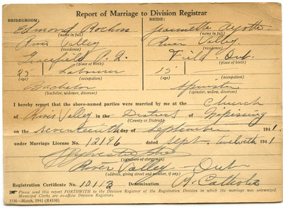 Certificat de mariage de / Marriage certificate of Edmond Rochon & Jeannette Ayotte