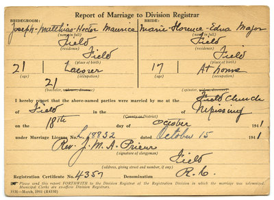Certificat de mariage de / Marriage certificate of Joseph Mathias Hector Maurice & Marie Florence Edna Major
