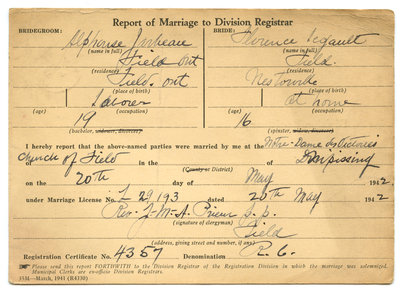Certificat de mariage de / Marriage certificate of Alphonse Jarbeau & Florence Legault
