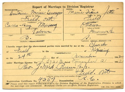Certificat de mariage de / Marriage certificate of Antoine Moïse Larocque & Marie Irène Jetté