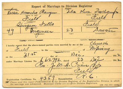 Certificat de mariage de / Marriage certificate of Victor Hormidas Ranger & Ida Oliva Deschamps