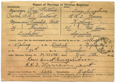 Certificat de mariage de / Marriage Certificate of Mervyn Ray Porteous & Inez Engstrom