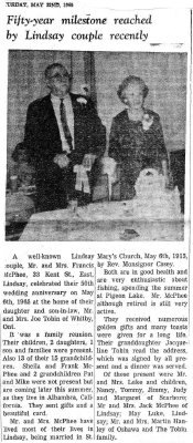 Fifty-year milestone reached by Lindsay couple recently - 22 May 1965