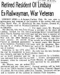 Retired Resident of Lindsay Ex-Railwayman, War Veteran - 23 June 1970