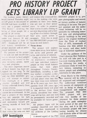 Lindsay Daily Post clipping, outlining scope of Pro History Project